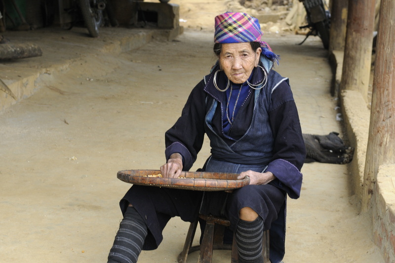 Vieille femme hmong triant le maïs